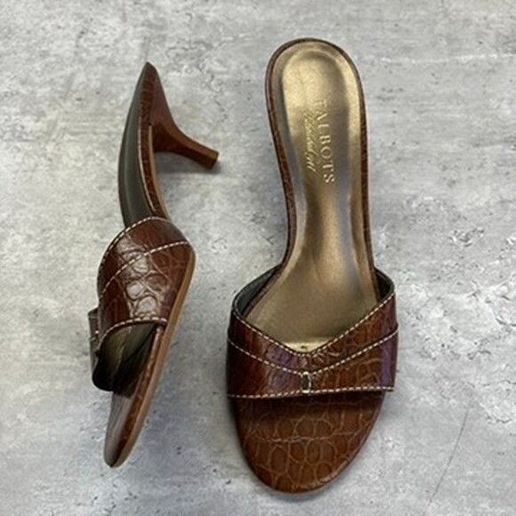 Talbots Brown Croc Embossed Leather Kitten Heel Slide Sandals Womens Size 7.5B - Picture 1 of 10